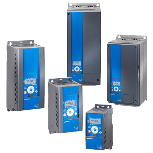 Danfoss Vacon® 20 volledige serie naast elkaar van klein naar groot