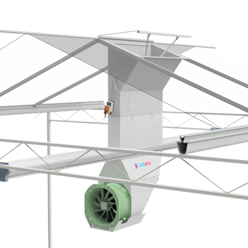 Airmix model X 3D render geïnstalleerd in tuinbouwkas