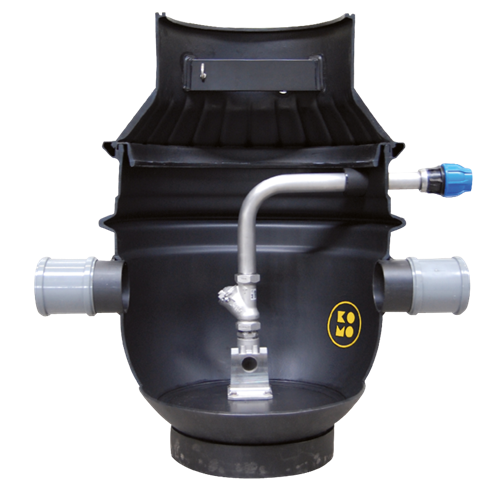 Afvalwaterputten zijaanzicht, inclusief voetbocht, terugslagklep en leidingwerk