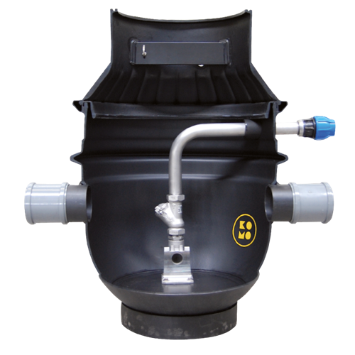 Afvalwaterputten zijaanzicht, inclusief voetbocht, terugslagklep en leidingwerk