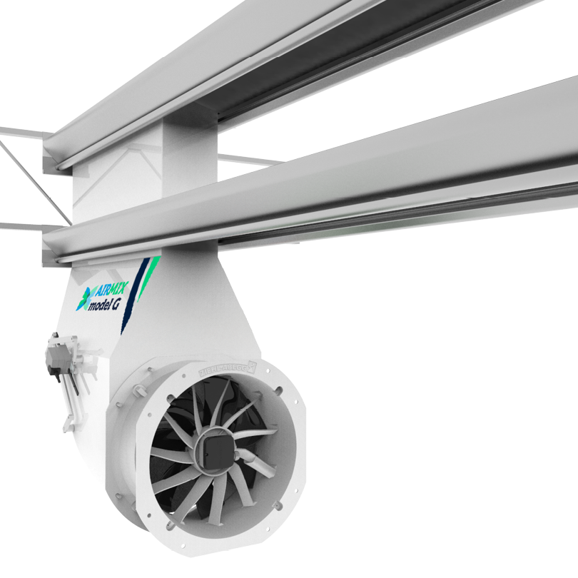 Airmix Model G hangend in een goot in een tuinbouwkas