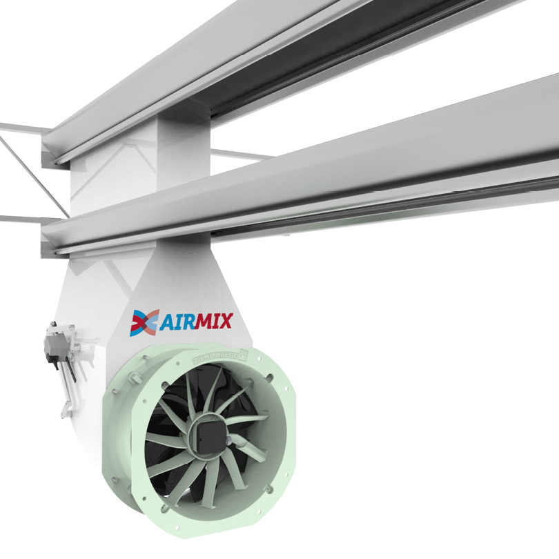 Airmix Model G hangend in een goot in een tuinbouwkas