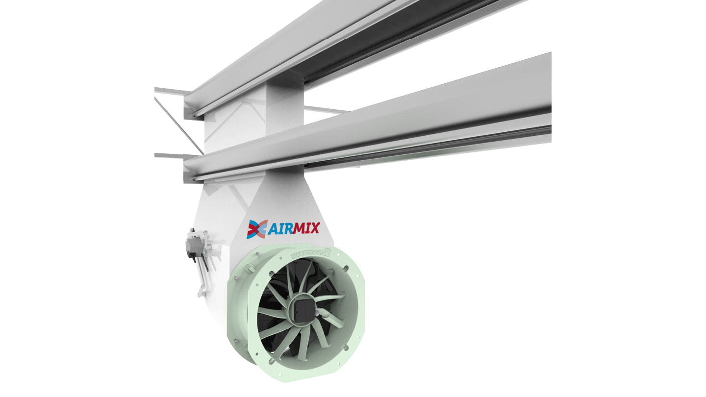 Airmix Model G hangend in een goot in een tuinbouwkas